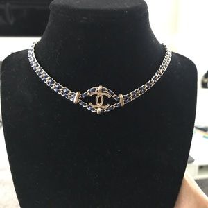 Authentic Gold Chanel Choker with Blue Leather